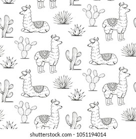 Pattern of lamas and mexican plants. Vector illustration.