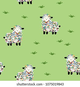 Pattern with lambs. Children's pattern with lambs. Multicolored lambs. Grass.
