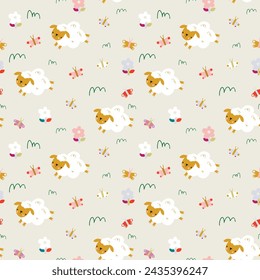 Pattern with lambs and flowers. Repeating vector pattern with sheep in the meadow.