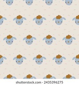 Pattern with lambs and flowers. Repeating vector pattern with sheep in the meadow.