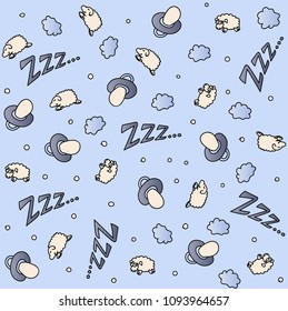 
Pattern with lambs, sheeps and clouds for a good sleep. Blue cute baby boy pattern, EPS8.