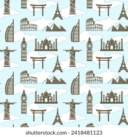 Pattern with landmarks of different countries.Architectural landmarks of countries in vector seamless pattern.