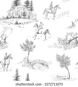 Pattern with landscape with architecture of countryside houses, horses, bridges and trees in toile de jouy style black and white