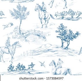 Pattern with landscape with architecture of countryside houses, horses, bridges and trees in toile de jouy style blue on white color