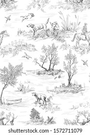 Pattern with landscape of countryside with dogs, trees, sheeps in toile de jouy style in black and white 