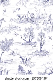 Patrón con paisaje de campo con perros, árboles, ovejas en estilo toile de jouy en color azul