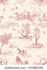 Pattern with landscape of countryside with dogs, trees, sheeps in toile de jouy style in red on beige color