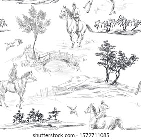 Pattern with landscape with hunting men on the horses, bridges and trees in toile de jouy style black and white