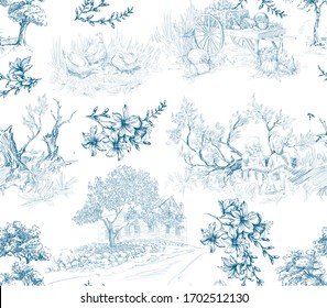 Muster mit Landschaften mit Bauernszenen mit Bäumen, Blumen, Landhaus, Kinder in toile de jouy Stile in weiß und blau Farbe