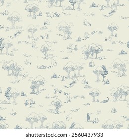 Pattern with landscapes with farm scenes with trees in grey outline on beige background.