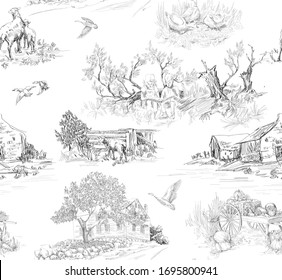 Pattern with landscapes with farm scenes with trees,country house, children in toile de jouy stile on white background