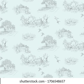 Pattern with landscapes with farm scenes with trees,country house, children in toile de jouy stile in light blue color