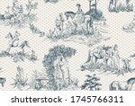 Pattern with landscapes with old , countryside and  people with horses, trees, woman with flowers  with rhombus background in toile de jouy style
