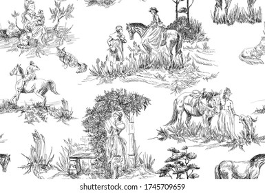 Pattern with landscapes with old , countryside and  people with horses, trees, woman with flowers in black and white color in toile de jouy style