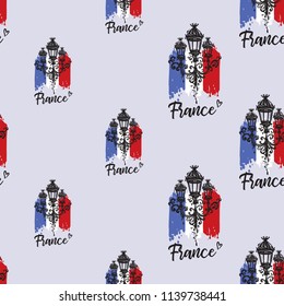 Pattern with lantern and flag of France. Hand drawn graphic illustration with French symbols. Vector watercolor style vintage seamless background.