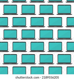 Pattern Of Laptop In Transparent  Background (PNG) With Mini Doodle (icons). Vector Illustration