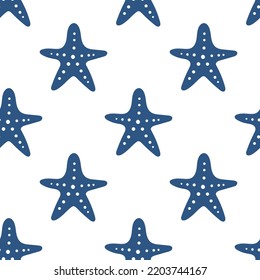 Pattern of large blue starfish on a white background. Cartoon sea vector pattern.