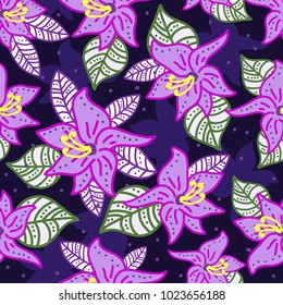 Pattern with large lilies fuchsia on a dark background for textiles, fabric, Wallpaper,postcards'