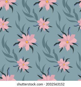 A pattern of large magnolia flowers. Pink flowers on a gray background. Vector illustration. For use in prints, packaging, covers, flyers and price tags, for fabric stores.