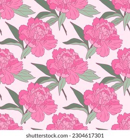 Pattern with large peonies in vintage style. Pink and green colors. Contour. Pale pink background. For textiles, postcards, fashion, wrapping paper, wallpaper