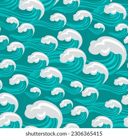 A pattern of large waves and foam on a blue background. Traditional oriental seamless pattern with ocean waves, foam, splashes. Vector background in vintage style. Printing on textiles and paper