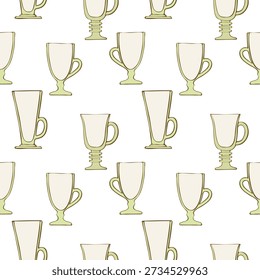 Pattern with Latte glasses hand drawn doodles. Cups for latte, mochaccino, rafa or other hot coffee drinks with milk or cream