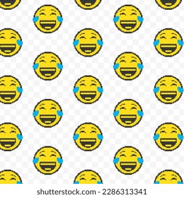 Pattern of laugh emoticons in transparent background. 8-bit pixel art backdrop. Vector illustration. Vector Illustration