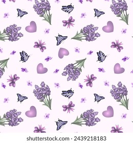 Pattern with lavender bouquets.Vector seamless pattern with lavender, butterflies and bows on a colored background.