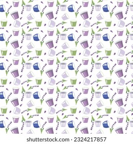 Pattern of lavender in different forms. Separate branch, petals, mugs. Vector image.