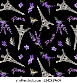 Pattern with lavender and the Eiffel Tower.Vector pattern with the Eiffel Tower, lavender and butterflies on a black background.