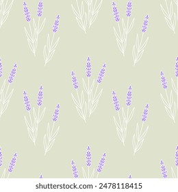 Patrón con dibujo de contorno de flores de lavanda, estilo provenzal, sobre fondo pastel. Ilustración vectorial