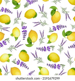 Patrón con lavanda y limones.Patrón vectorial con limones y ramas de lavanda sobre un fondo transparente.