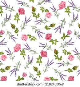 Pattern with lavender and roses.Delicate roses and lavender on a transparent background in a seamless vector pattern.