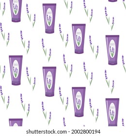 Pattern with lavender and a tube of cream. Natural organic cosmetics for care. Vector over white background. For use in beauty salons and spas, cosmetics stores, prints and brochures, flyers