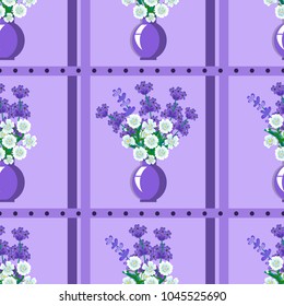 Pattern with lavender in a vase on lilac background with stripes. For textiles, fabric, Wallpaper.