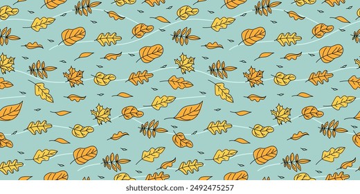 Pattern, leaf fall. Seamless background. Autumn wind, leaves, variety, set. Leaves are flying. Drawings, doodles. Wallpaper decor.