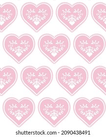 Pattern with leaf and a stylized pink heart. Festive illustration for Valentine's Day. Vector illustration. For packaging, textiles, junkyard and decoration with white background.