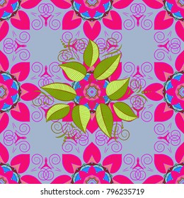 Pattern with leaf. Vector illustration. Cute leaves pattern on blue, magenta and green colors for textile, wallpaper, wrapping, paper. Seamless pattern with colorful autumn leaves.