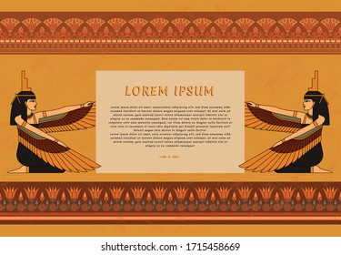 Pattern leaflets in Egyptian style with an illustration of the goddess of ancient Egypt Isis with a place for text.