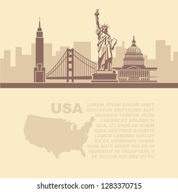 Pattern leaflets with a map and architectural landmarks of the USA and place for text