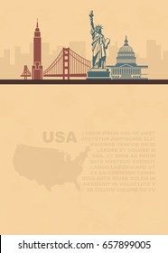 Pattern leaflets with a map and architectural landmarks of the USA and place for text on old paper