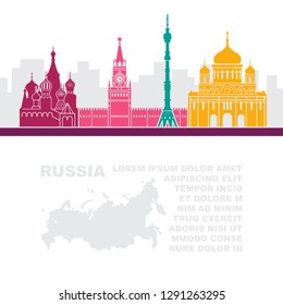 Pattern leaflets with a map of Russia and architectural sights of Moscow with space for text