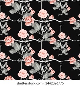 Pattern with leather belt cross rope pastel gray pink roses. Vintage floral sketch seamless pattern on black background. Flowers on belts, nature and art. Baroque fabric design.