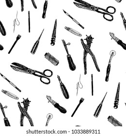 Pattern. Leather craft tools in graphic style hand drawn vector illustration.