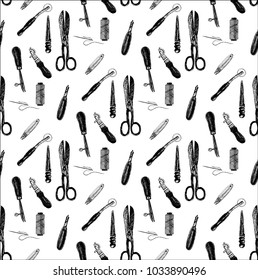 Pattern. Leather craft tools in graphic style hand drawn vector illustration.