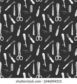 Pattern. Leather craft tools in graphic style hand drawn vector illustration.