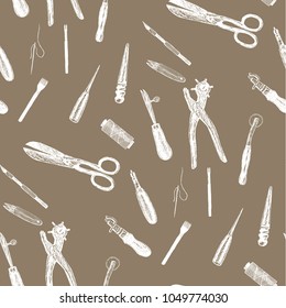 Pattern. Leather craft tools in graphic style hand drawn vector illustration.