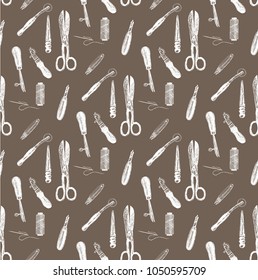 Pattern. Leather craft tools in graphic style hand drawn vector illustration.