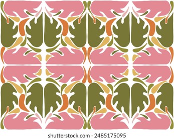 Pattern of leaves and abstract shapes in green, pink and orange colors. Print that looks like tiles.