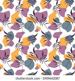 Pattern with leaves and abstract spots. Modern creative background. Template for design paper, cover, fabric, interior decor and other users. Abstract vector illustration isolated on white background.